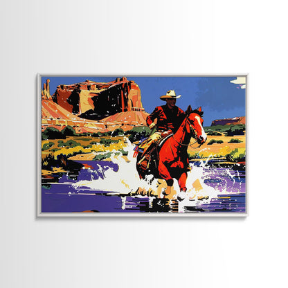 Crossing The Colorado River, Framed Canvas Print, Kitsch Western Wall Art, Colorful Western Painting Original Artwork, Pop Art Painting