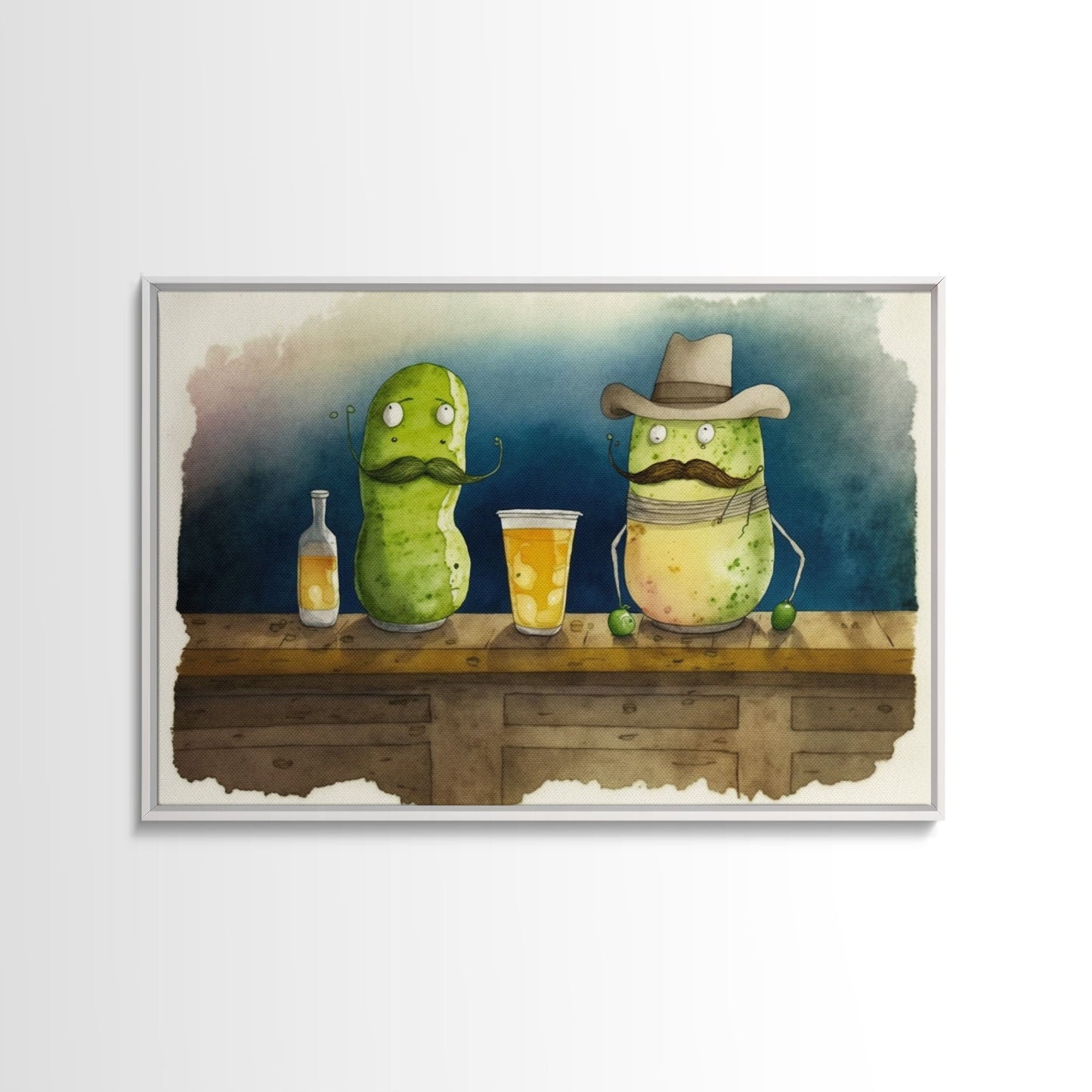 Funny Pickles In A Bar, Watercolor Painting Print, Framed Wall Art, Funny Decor, Kitsch Art, Framed Canvas Pickle Art