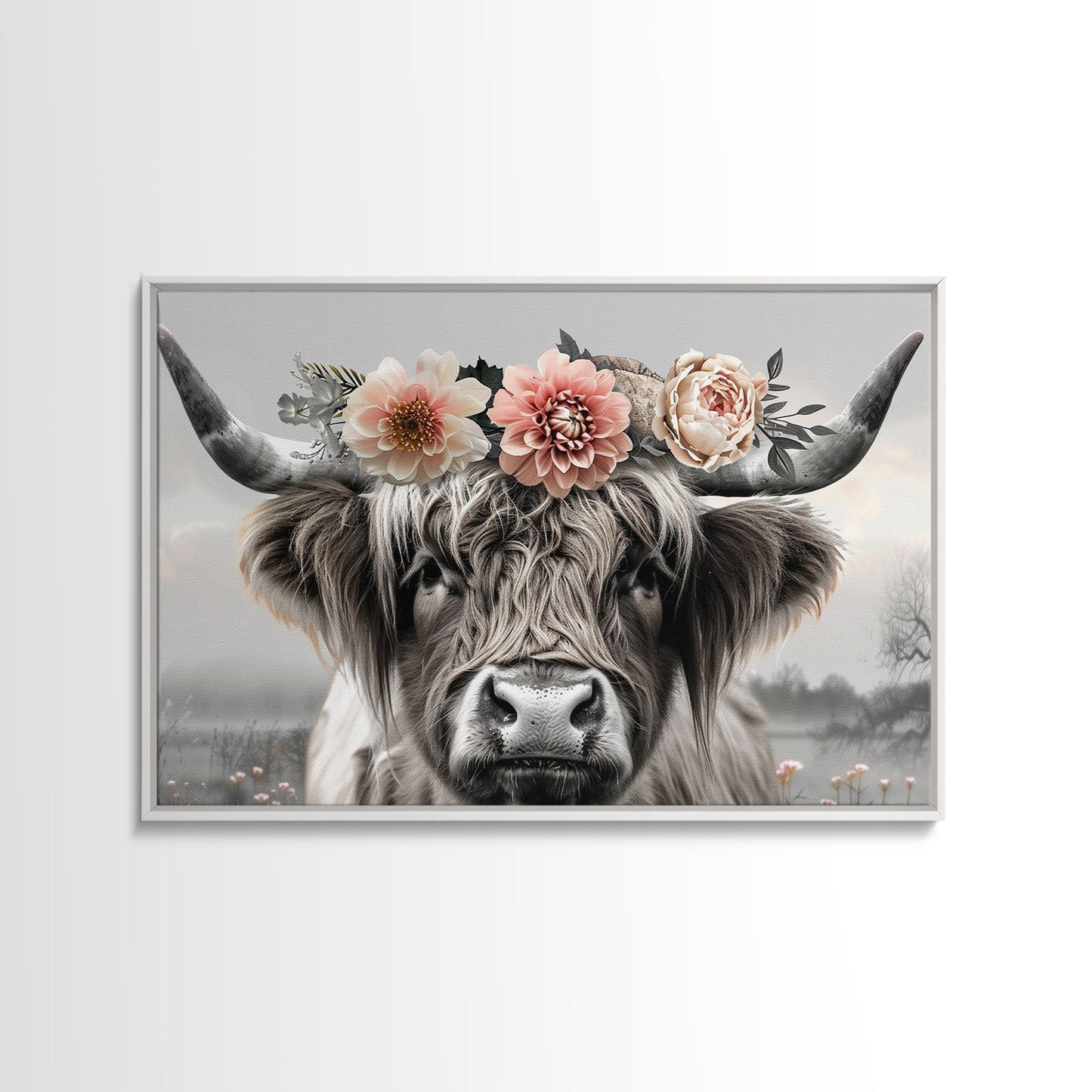 Cute Framed Canvas Wall Art, Cute Cow Wearing Flowers, Farmhouse Decor, Farmhouse Wall At, Extra Large Boho Decor, Minimalist Modern Art