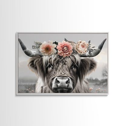 Cute Framed Canvas Wall Art, Cute Cow Wearing Flowers, Farmhouse Decor, Farmhouse Wall At, Extra Large Boho Decor, Minimalist Modern Art