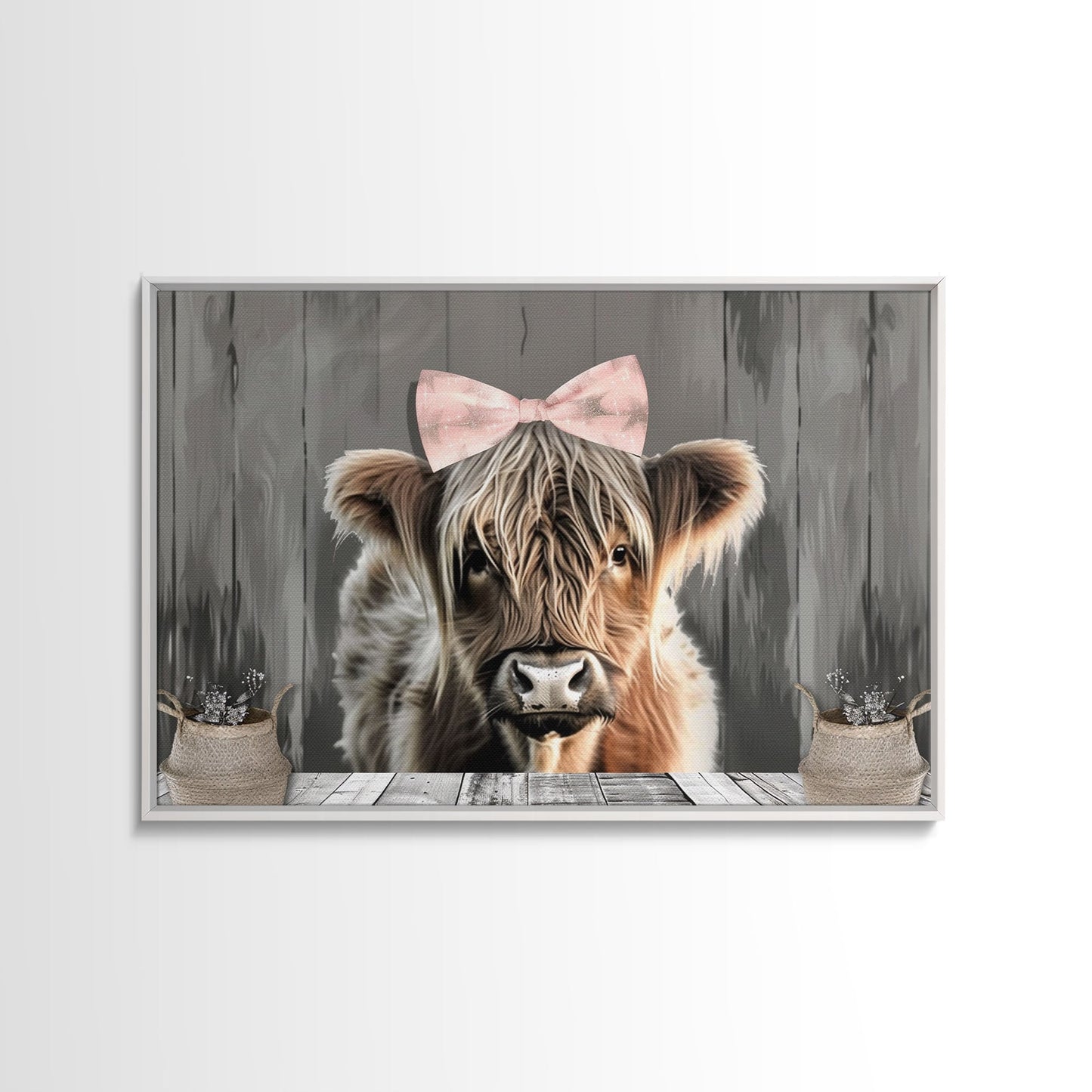 Framed Wall Art Texas Cattle, Wood Framed Canvas Print, Farmhouse Decor, Minimalist Rustic Farmhouse Painting, Cute Nursery Wall Art