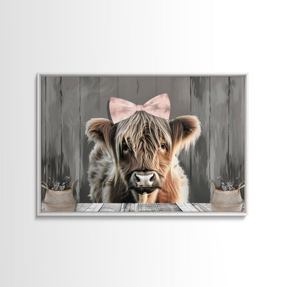 Framed Wall Art Texas Cattle, Wood Framed Canvas Print, Farmhouse Decor, Minimalist Rustic Farmhouse Painting, Cute Nursery Wall Art