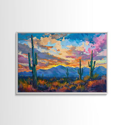 Cactus Under A Beautiful Sunset, Pop Art Style, Mid Century Modern Framed Canvas Print or Metal Art, Desert Scene Wall Art, Abstract Desert