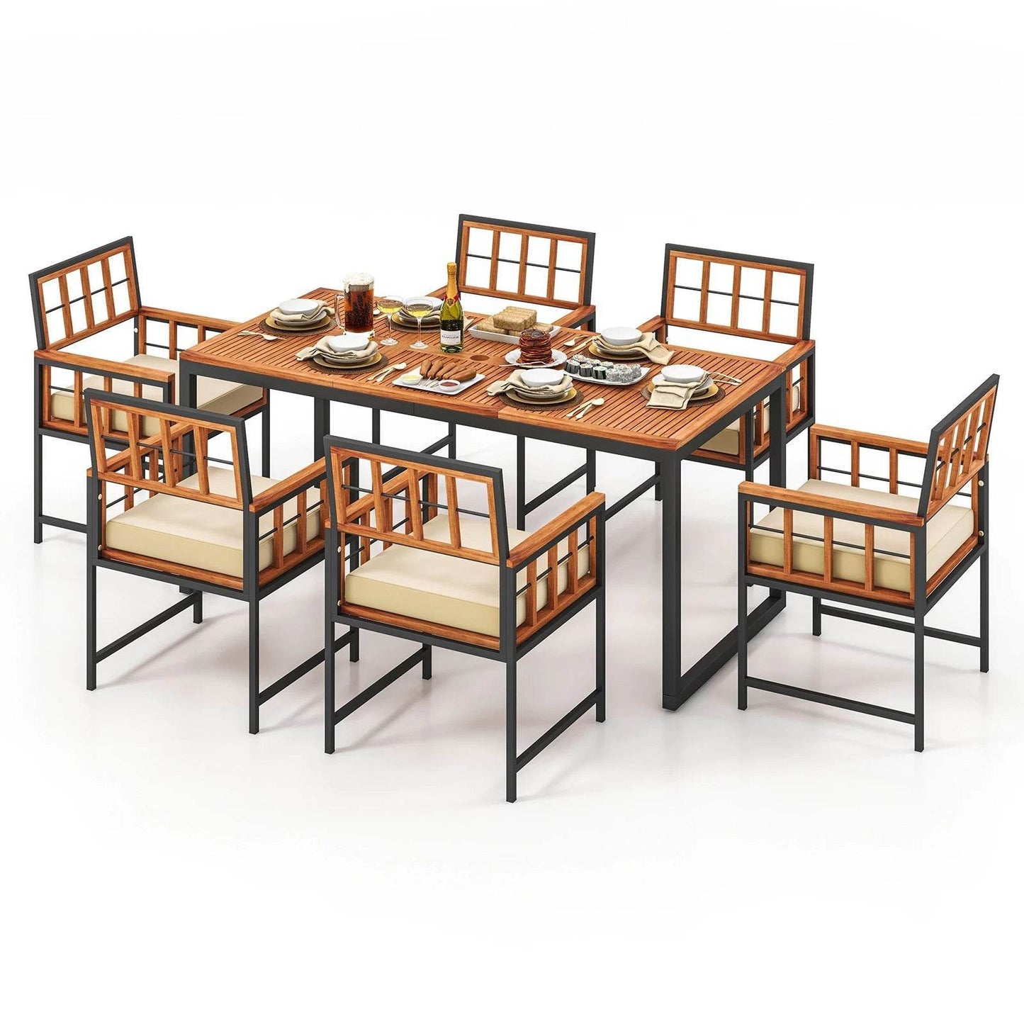 7 Piece Outdoor Patio Dining Set with Acacia Wood Table
