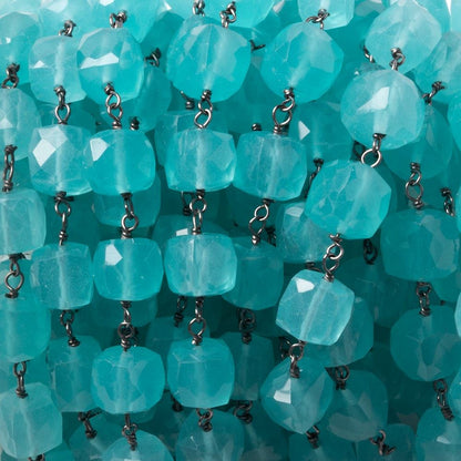 6.5-7mm Apatite-blue Chalcedony faceted cube Oxidized Silver Chain by the foot