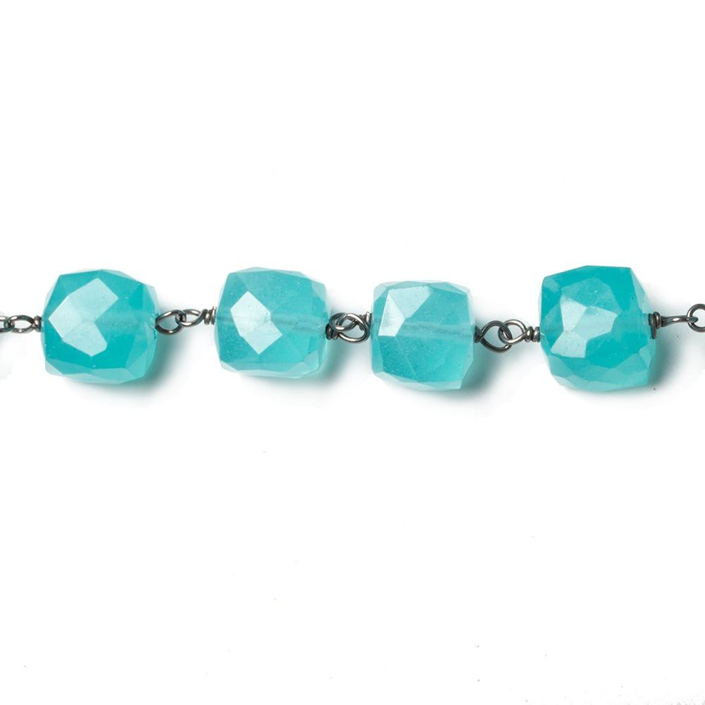 6.5-7mm Apatite-blue Chalcedony faceted cube Oxidized Silver Chain by the foot