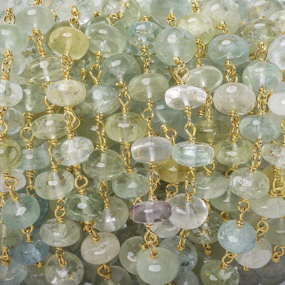 6.5-7mm Aquamarine & Beryl plain rondelle Gold Chain by the foot 33 pieces