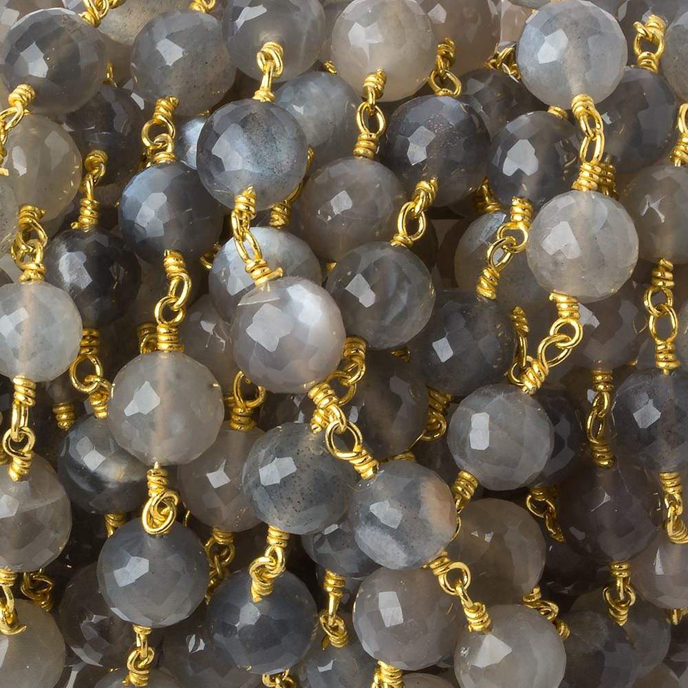 6.5-7mm Grey Moonstone faceted round Gold plated Chain by the foot 22 beads