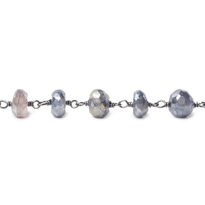 6.5-7mm Silver Mystic Platinum Moonstone faceted rondelle Black Gold .925 Silver Chain by the foot 32 beads