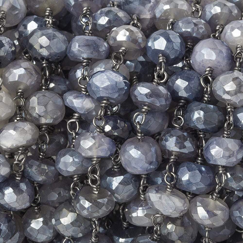6.5-7mm Silver Mystic Platinum Moonstone faceted rondelle Black Gold .925 Silver Chain by the foot 32 beads