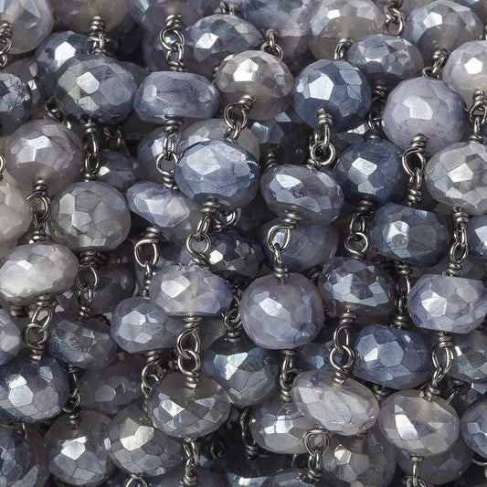 6.5-7mm Silver Mystic Platinum Moonstone faceted rondelle Black Gold .925 Silver Chain by the foot 32 beads