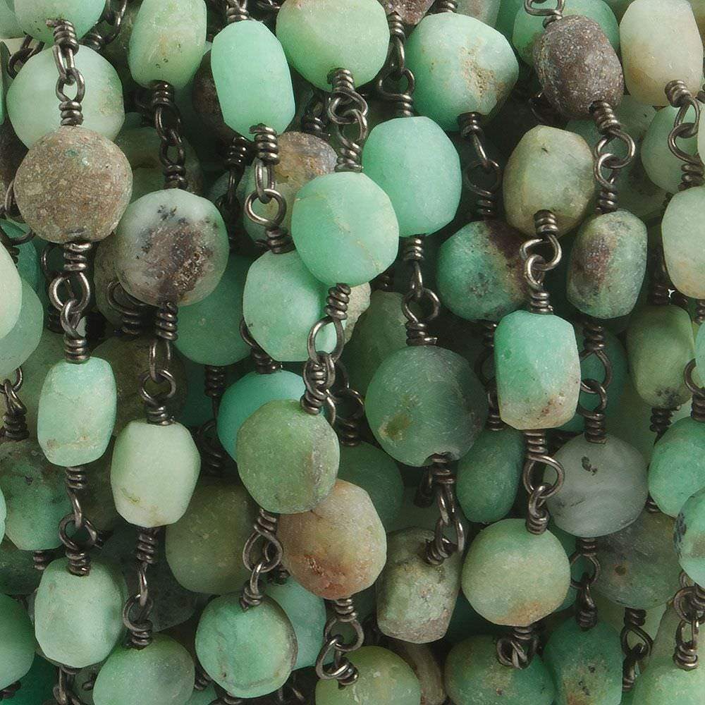 6.5-8mm Matte Chrysoprase plain coin Black Gold plated Chain by the foot with approximately 23 pieces