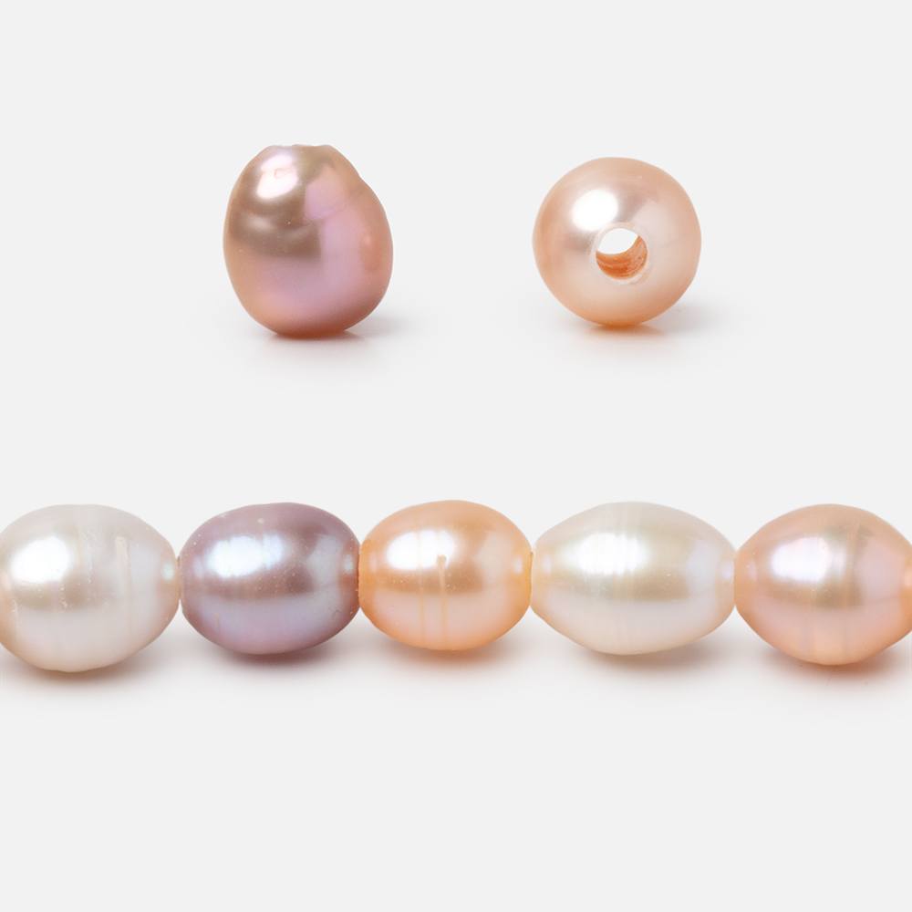 6.5-9mm Tri-Color Oval Large Hole Freshwater Pearls 7.5 inch 24 Beads