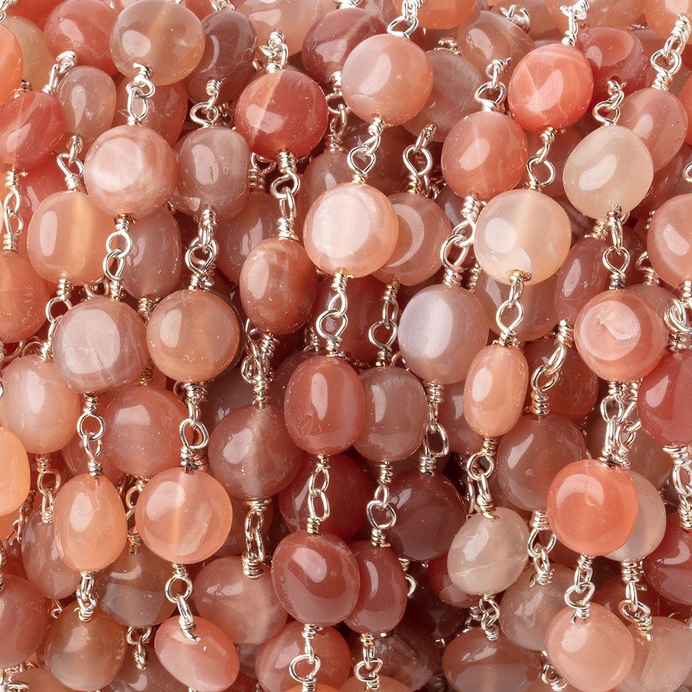 6.5mm Angel Skin Moonstone Plain Coins on Silver Plated Chain