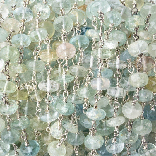6.5mm Aquamarine & Beryl plain rondelle Sterling Silver Chain by the foot 30 pieces