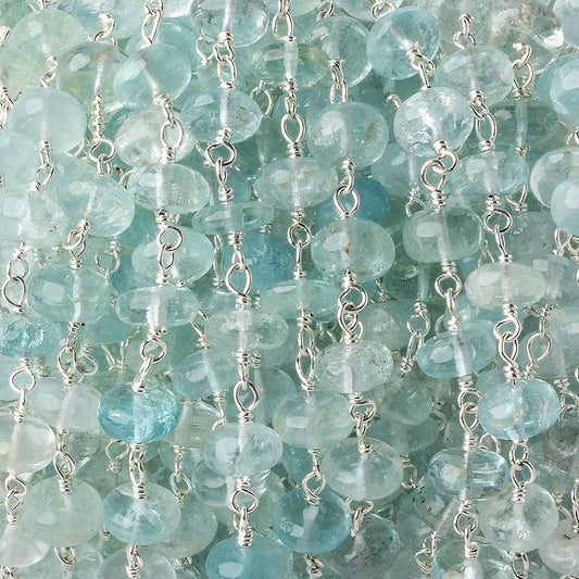 6.5mm Aquamarine plain rondelles Silver plated Chain by the foot 30 pcs