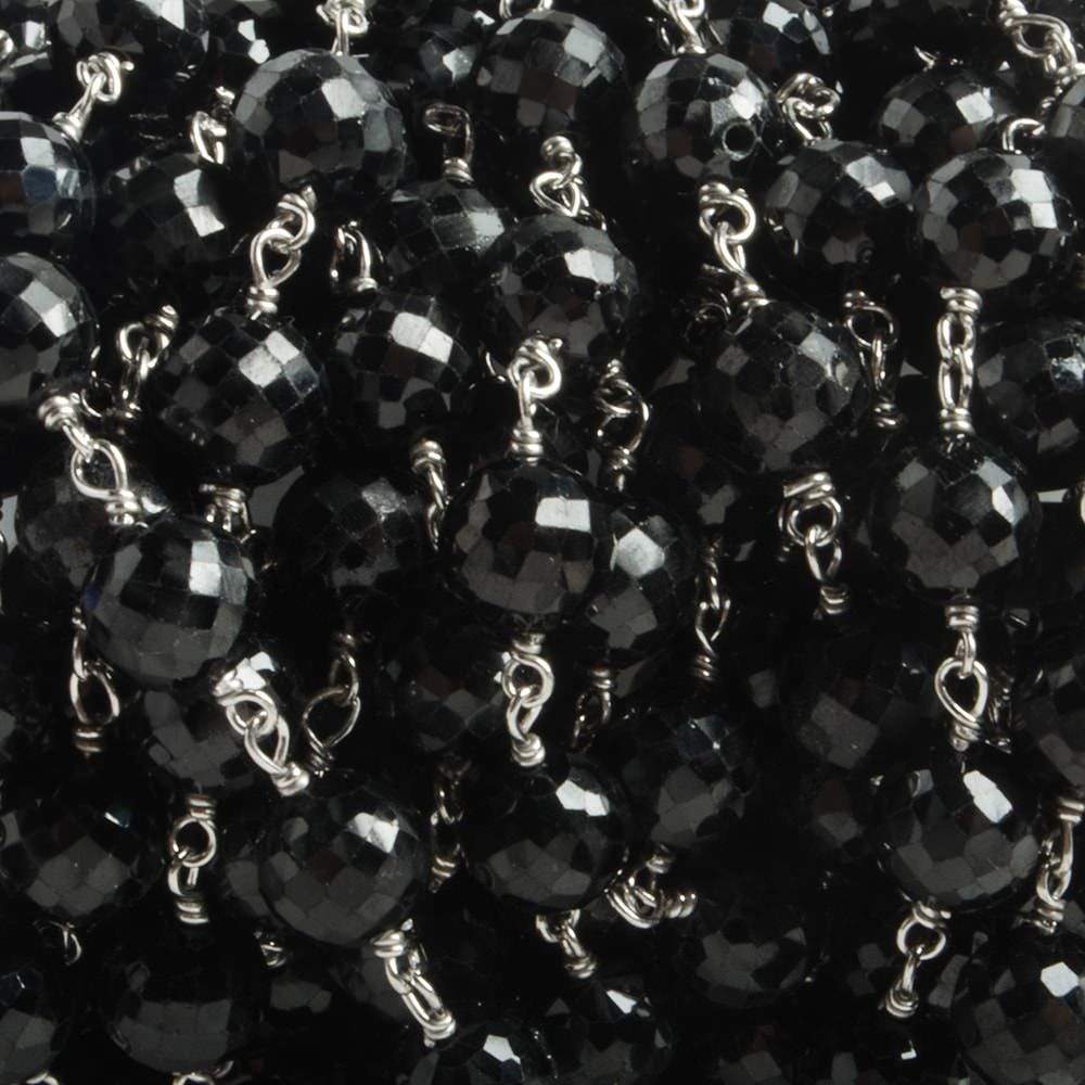 6.5mm Black Spinel faceted round .925 Silver Chain by the foot 24 pieces