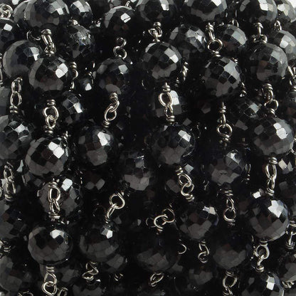 6.5mm Black Spinel faceted round Black Gold .925 Silver Chain by the foot 24 pieces