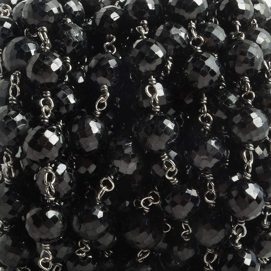6.5mm Black Spinel faceted round Black Gold .925 Silver Chain by the foot 24 pieces