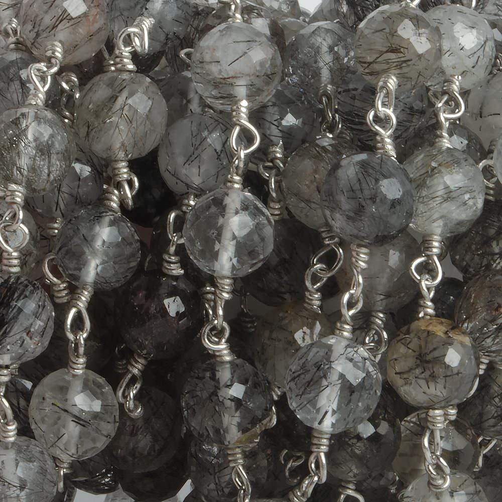 6.5mm Black Tourmalinated Quartz faceted round .925 Silver Chain by the foot 24 pieces