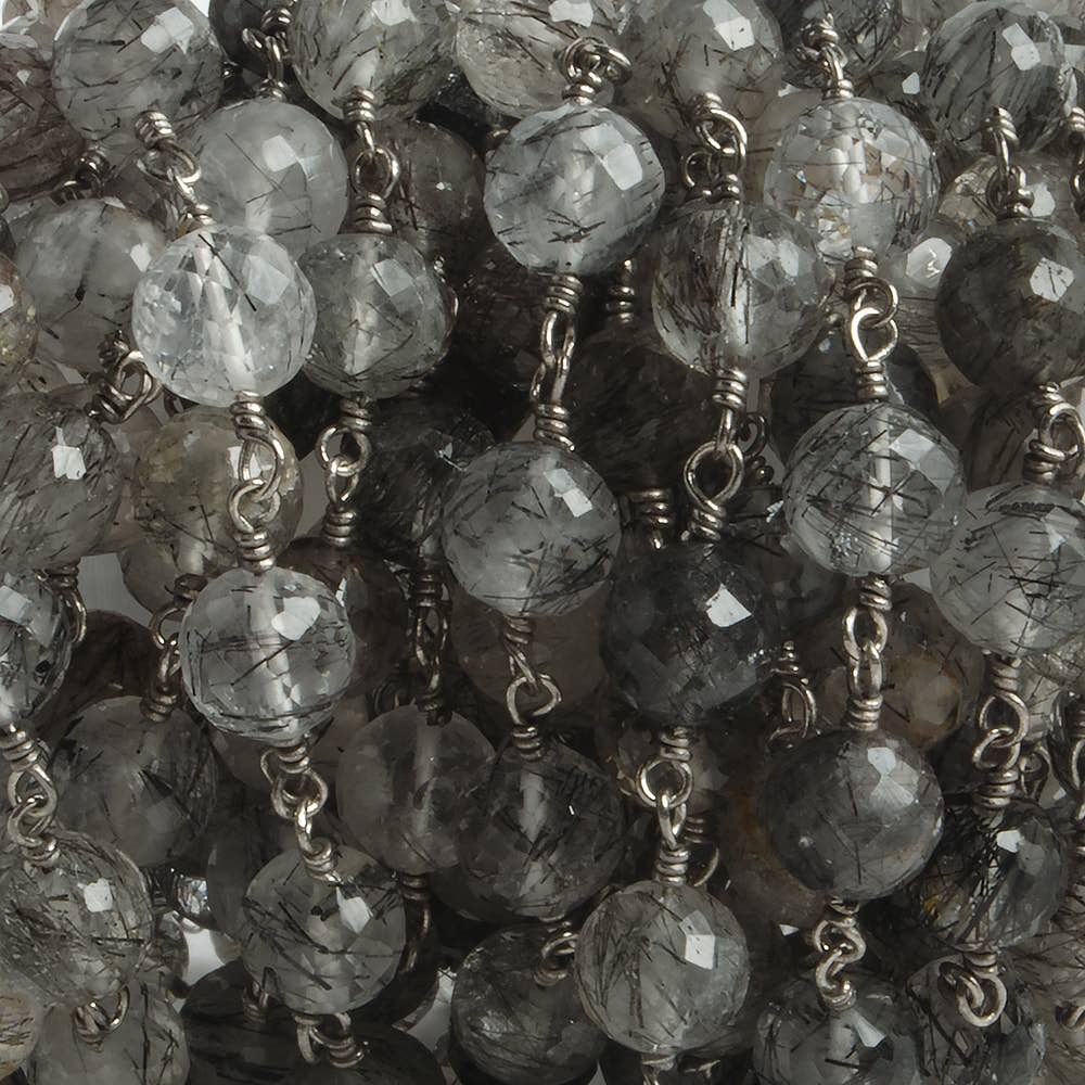 6.5mm Black Tourmalinated Quartz faceted round Black Gold .925 Silver Chain by the foot 24 pieces