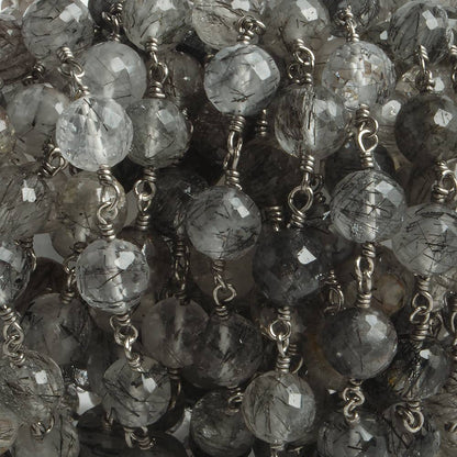 6.5mm Black Tourmalinated Quartz faceted round Black Gold .925 Silver Chain by the foot 24 pieces