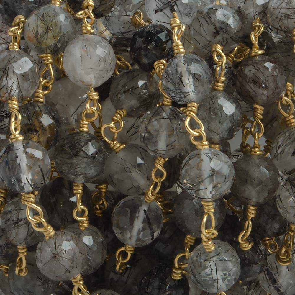 6.5mm Black Tourmalinated Quartz faceted round Vermeil Chain by the foot 24 pieces