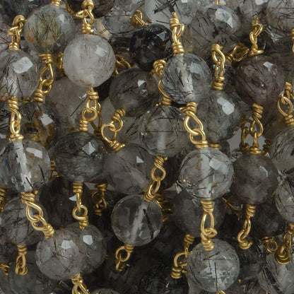 6.5mm Black Tourmalinated Quartz faceted round Vermeil Chain by the foot 24 pieces