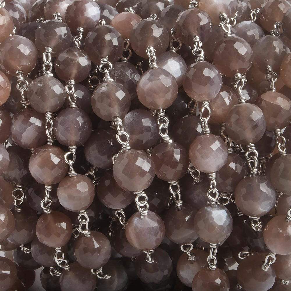 6.5mm Chocolate Moonstone faceted round .925 Silver Chain by the foot 24 pieces