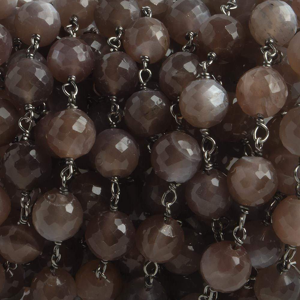 6.5mm Chocolate Moonstone faceted round Black Gold .925 Silver Chain by the foot 24 pieces