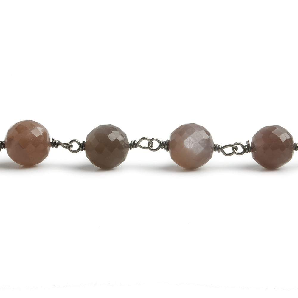 6.5mm Chocolate Moonstone faceted round Black Gold .925 Silver Chain by the foot 24 pieces