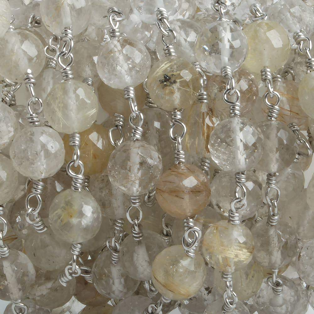 6.5mm Golden Rutilated Quartz faceted round .925 Silver Chain by the foot 24 pieces
