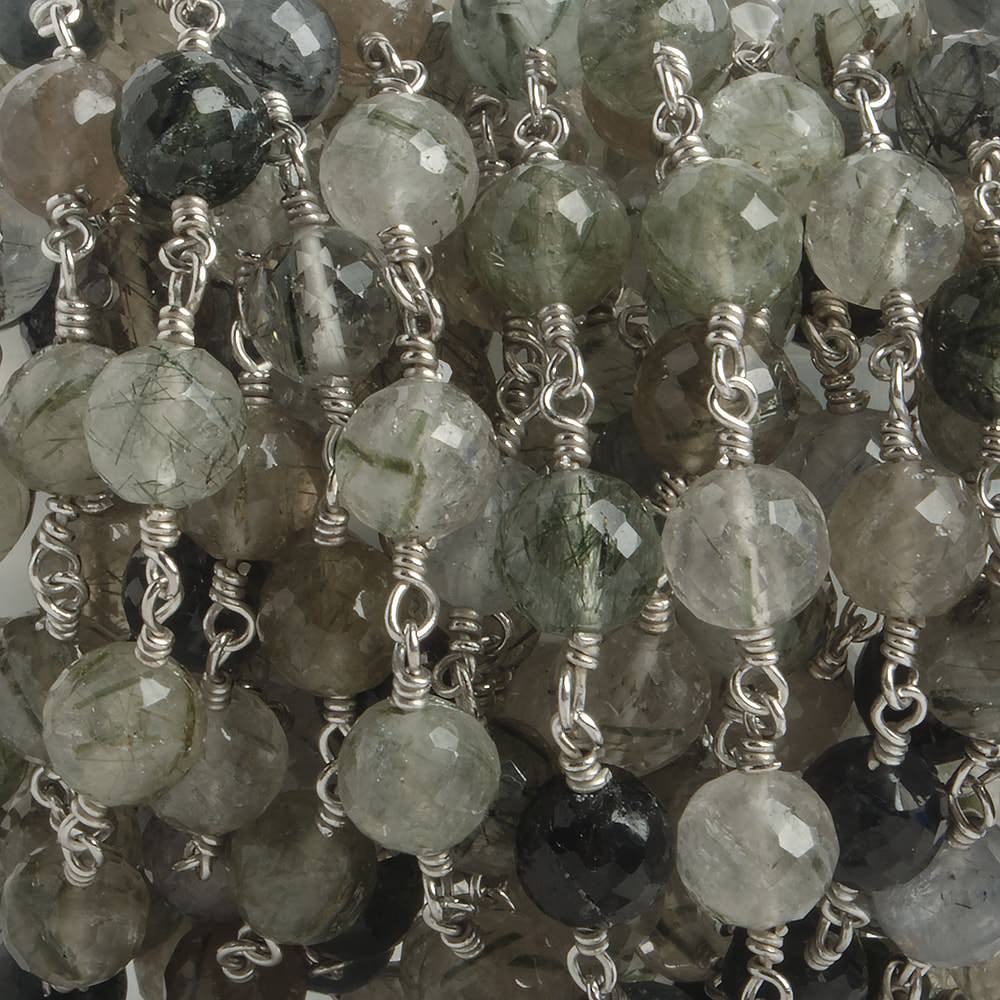 6.5mm Green Tourmalinated Quartz faceted round .925 Silver Chain by the foot 24 pieces