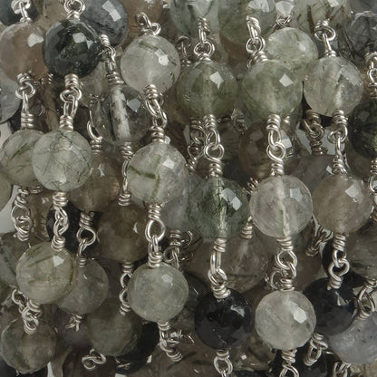 6.5mm Green Tourmalinated Quartz faceted round .925 Silver Chain by the foot 24 pieces