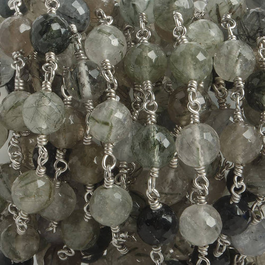 6.5mm Green Tourmalinated Quartz faceted round .925 Silver Chain by the foot 24 pieces