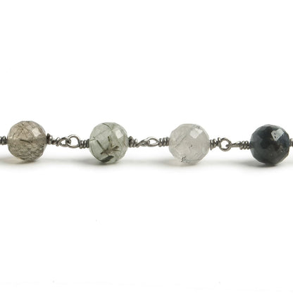 6.5mm Green Tourmalinated Quartz faceted round Black Gold .925 Silver Chain by the foot 24 pieces