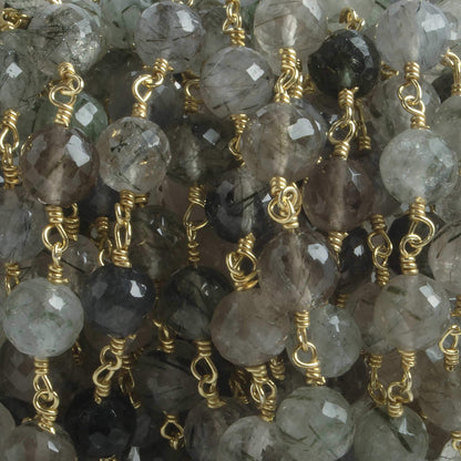 6.5mm Green Tourmalinated Quartz faceted round Vermeil Chain by the foot 24 pieces