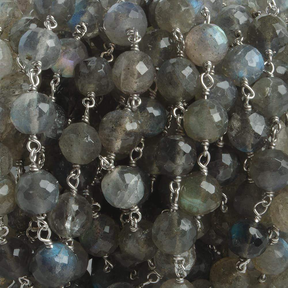 6.5mm Labradorite faceted round .925 Silver Chain by the foot 24 pieces
