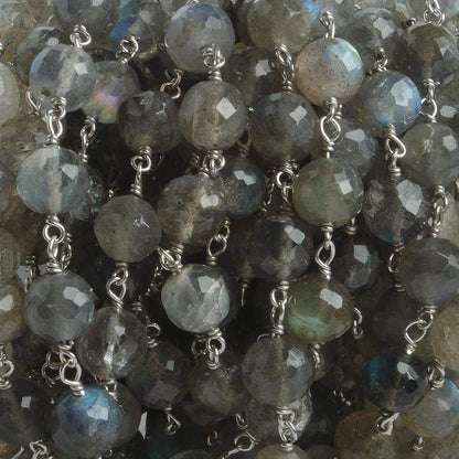 6.5mm Labradorite faceted round .925 Silver Chain by the foot 24 pieces