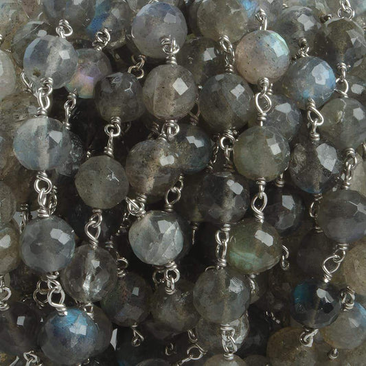 6.5mm Labradorite faceted round .925 Silver Chain by the foot 24 pieces