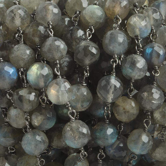 6.5mm Labradorite faceted round Black Gold .925 Silver Chain by the foot 24 pieces
