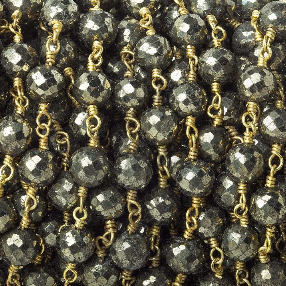 6.5mm Pyrite faceted round Gold plated Chain by the foot 23 beads