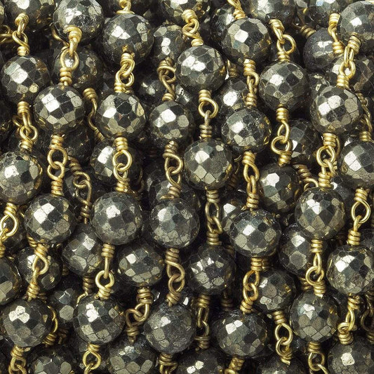 6.5mm Pyrite faceted round Gold plated Chain by the foot 23 beads