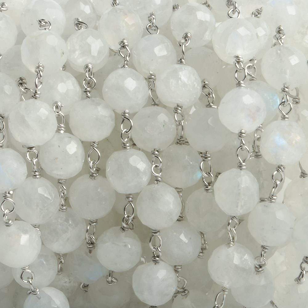 6.5mm Rainbow Moonstone faceted round .925 Silver Chain by the foot 24 pieces