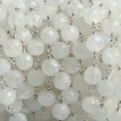 6.5mm Rainbow Moonstone faceted round .925 Silver Chain by the foot 24 pieces