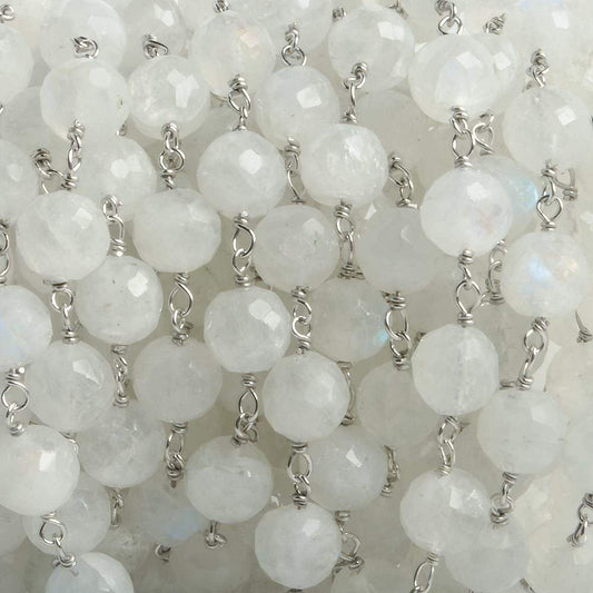 6.5mm Rainbow Moonstone faceted round .925 Silver Chain by the foot 24 pieces