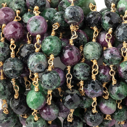 6.5mm Ruby in Zoisite faceted round beads on Vermeil Chain