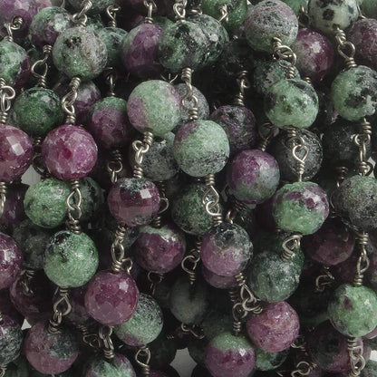 6.5mm Ruby in Zoisite faceted round Black Gold .925 Silver Chain by the foot 24 pieces