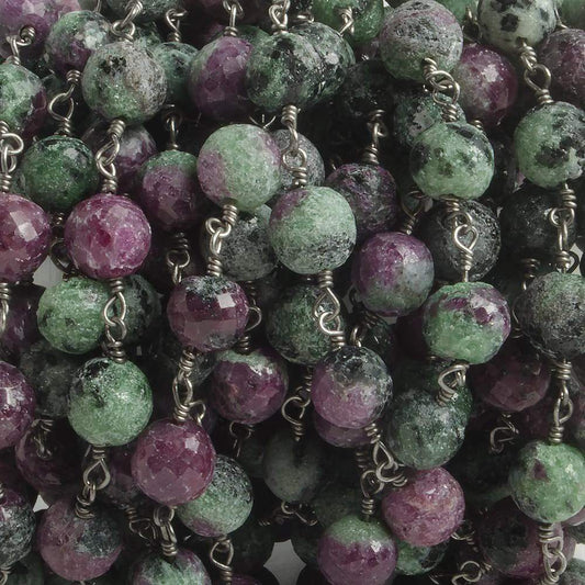 6.5mm Ruby in Zoisite faceted round Black Gold .925 Silver Chain by the foot 24 pieces