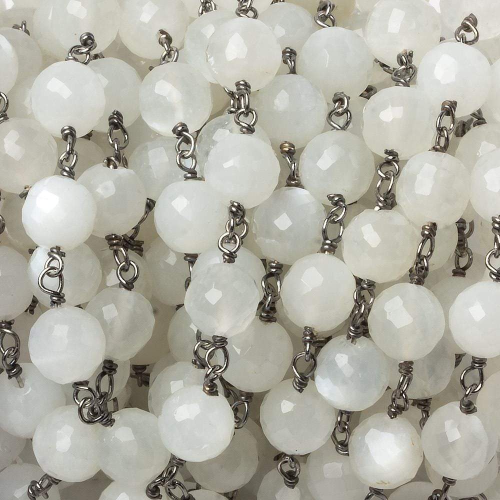 6.5mm White Moonstone faceted round Black Gold .925 Silver Chain by the foot 24 pieces